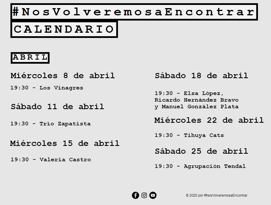 NosVolveremosaEncontrar Calendario de Abril 2020