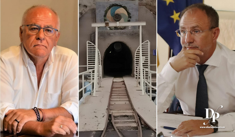 Carlos Cabrera, exconsejero de Aguas, y Sergio Rodríguez, presidente del Cabildo, y, al centro, boca oeste del Túnel de Trasvase,